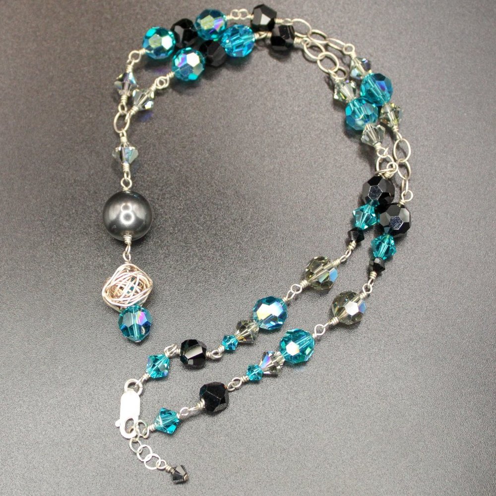 925 Sterling Silver AB Blue & Black Crystal Y Drop Retro Artisan Necklace